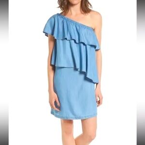 Chelsea 28 tencel one shoulder asymmetrical denim ruffle dress size small